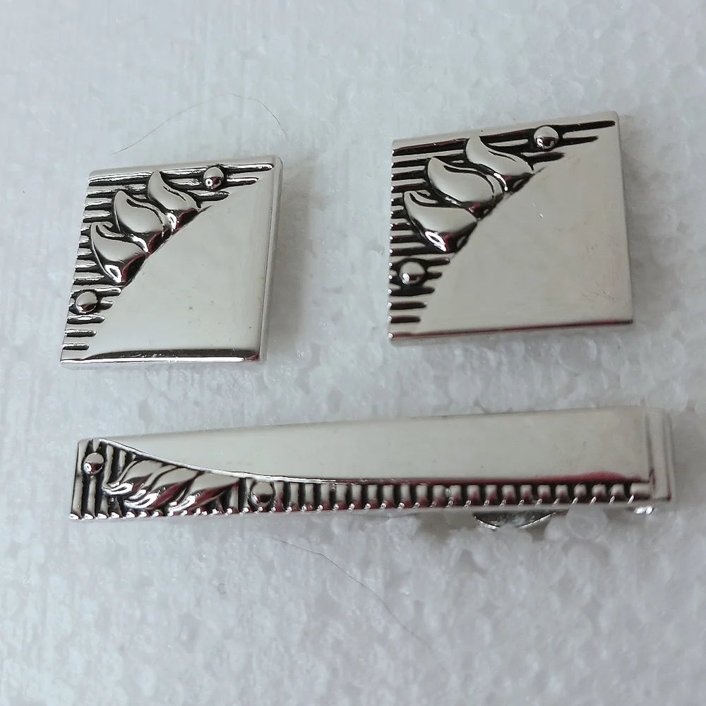 Silver Cufflinks and Tie Clip Set Vintage SWANK Sculpted Graphic Mid-Century